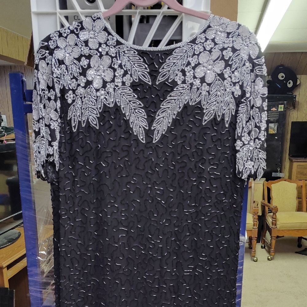 Beaded Black Evening Dress with White Floral Embroidery